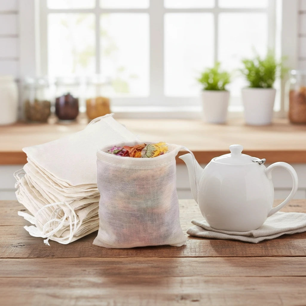 4" Reusable Cotton Tea Bag with Drawstring | Can you put the cloth bags a kitchen next to a tea pot