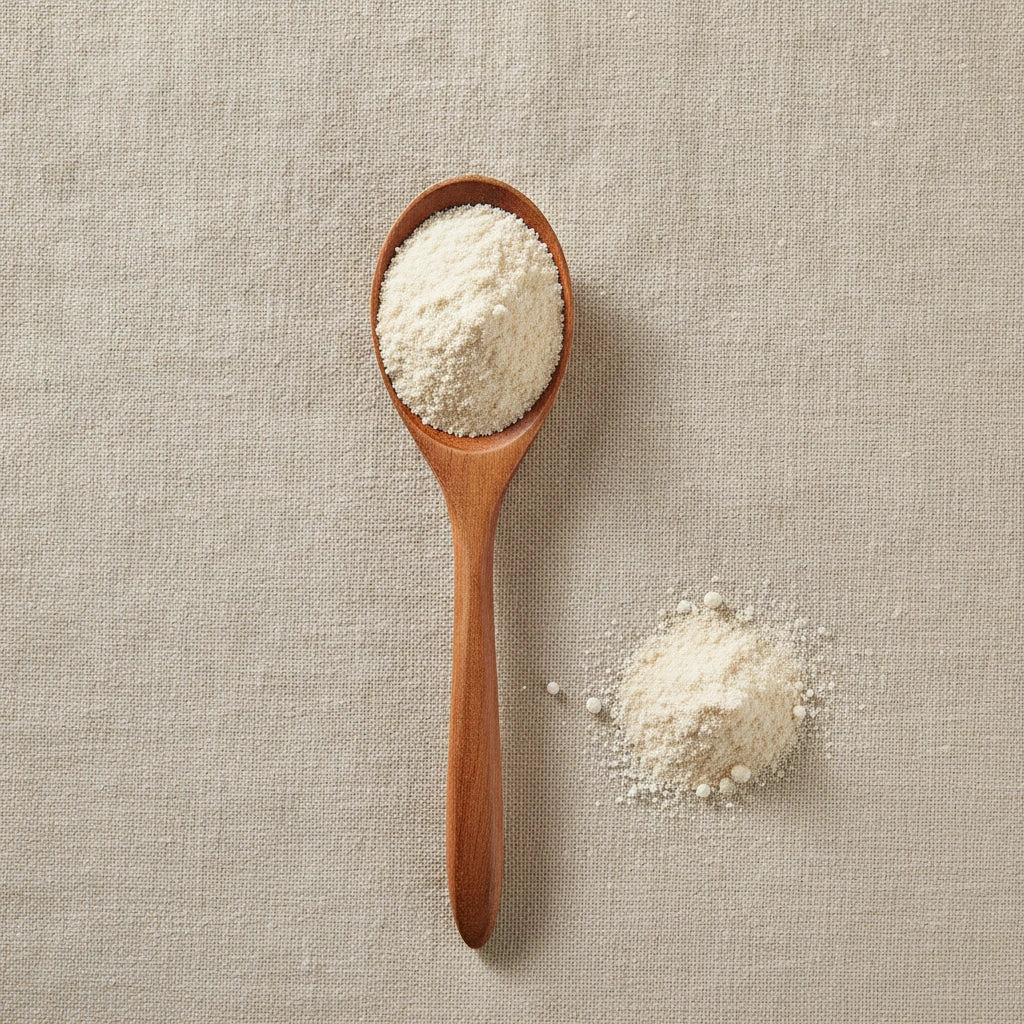 5-HTP Powder (5-Hydroxytryptophan) | Create a luxurious, photorealistic product photograph featuring the original product naturally arranged in an elegant handcrafted wooden spoon on a soft, finely
