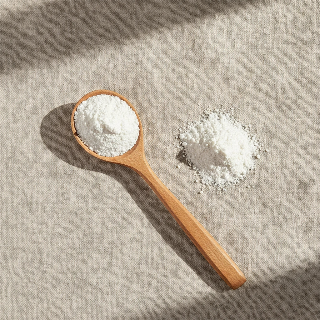 AAKG Powder (L-Arginine Alpha-Ketoglutarate) | Create a luxurious, photorealistic product photograph featuring the original product naturally arranged in an elegant handcrafted wooden spoon on a soft, finely