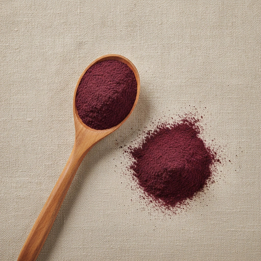 Acai Berry Powder (Euterpe Oleracea) | Create a luxurious, photorealistic product photograph featuring the original product naturally arranged in an elegant handcrafted wooden spoon on a soft, finely