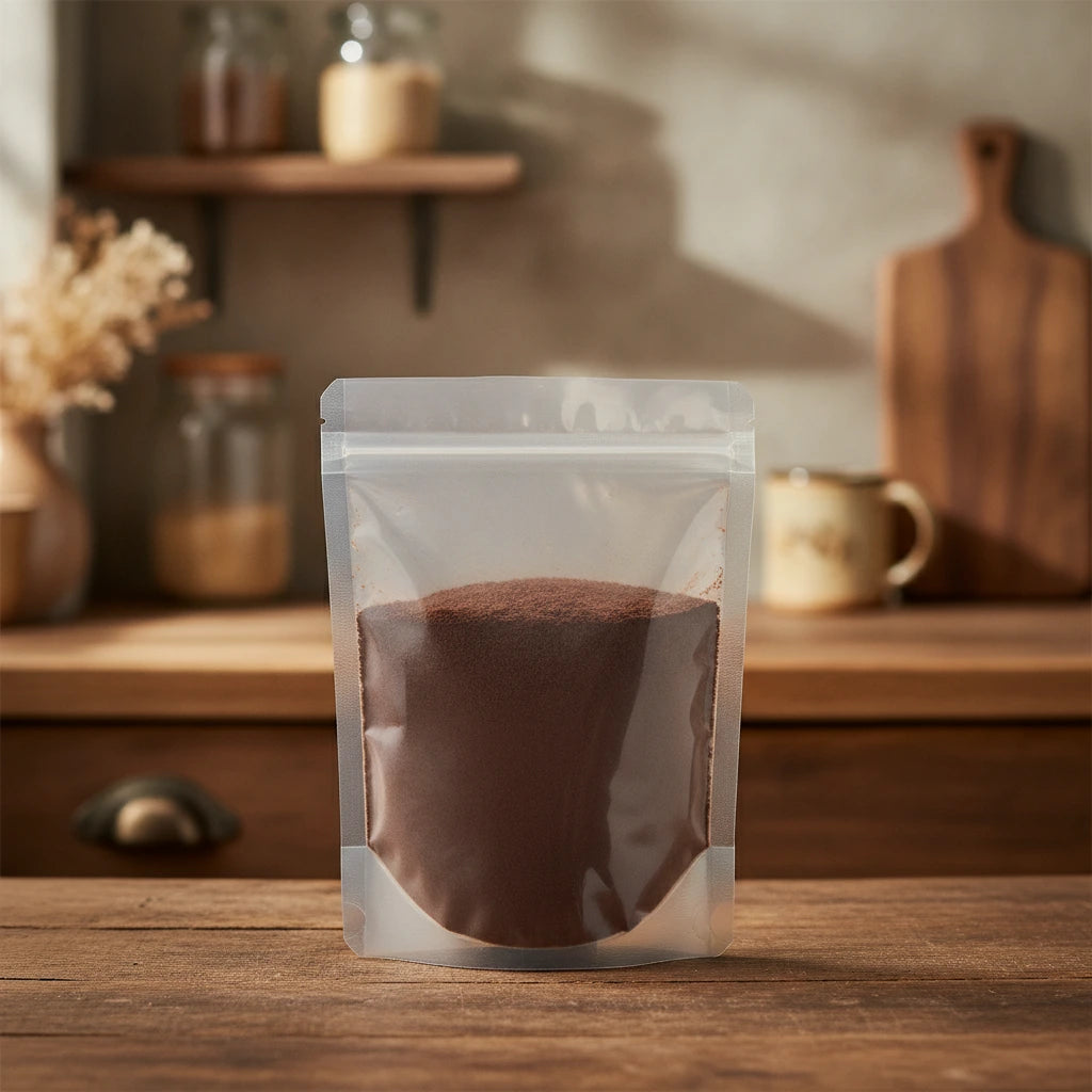 Acai Juice Powder (Euterpe Oleracea) | The herb/berry/powder/fruit/root/bark that is in the black bowl, i would like it to shown in a plastic stand up resalable pouch that is clear.