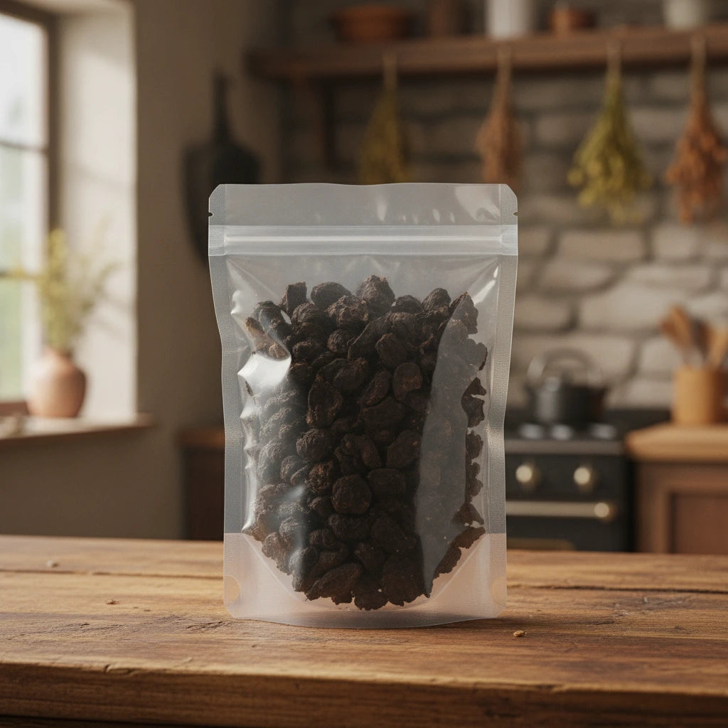 Aconite Root Pieces (Prepared) (Aconitum Carmichaelii) | The herb/berry/powder/fruit/root/bark that is in the black bowl, i would like it to shown in a plastic stand up resalable pouch that is clear.