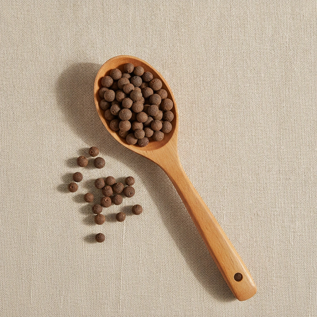 Allspice Whole (Mexican) (Pimento Officinalis) | Create a luxurious, photorealistic product photograph featuring the original product naturally arranged in an elegant handcrafted wooden spoon on a soft, finely