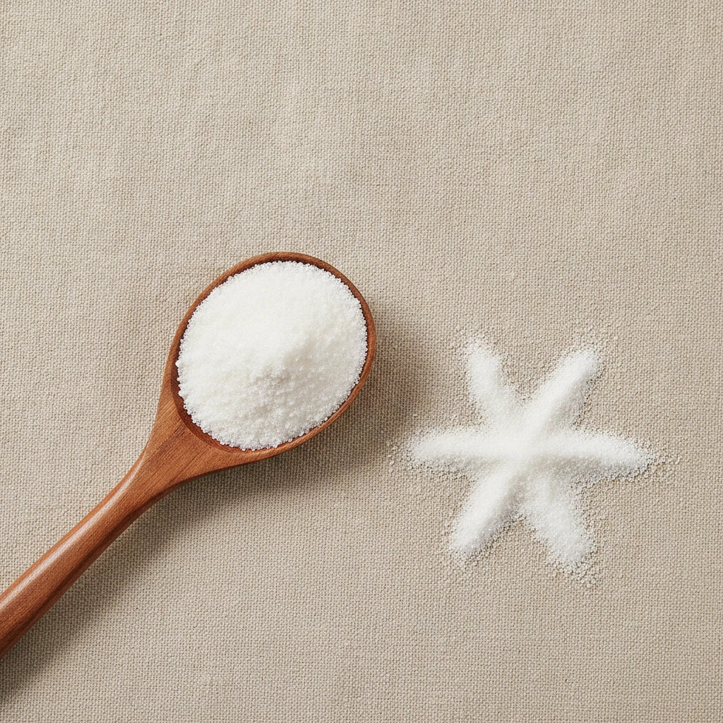 Allulose Powder (D-Psicose) | Create a luxurious, photorealistic product photograph featuring the original product naturally arranged in an elegant handcrafted wooden spoon on a soft, finely