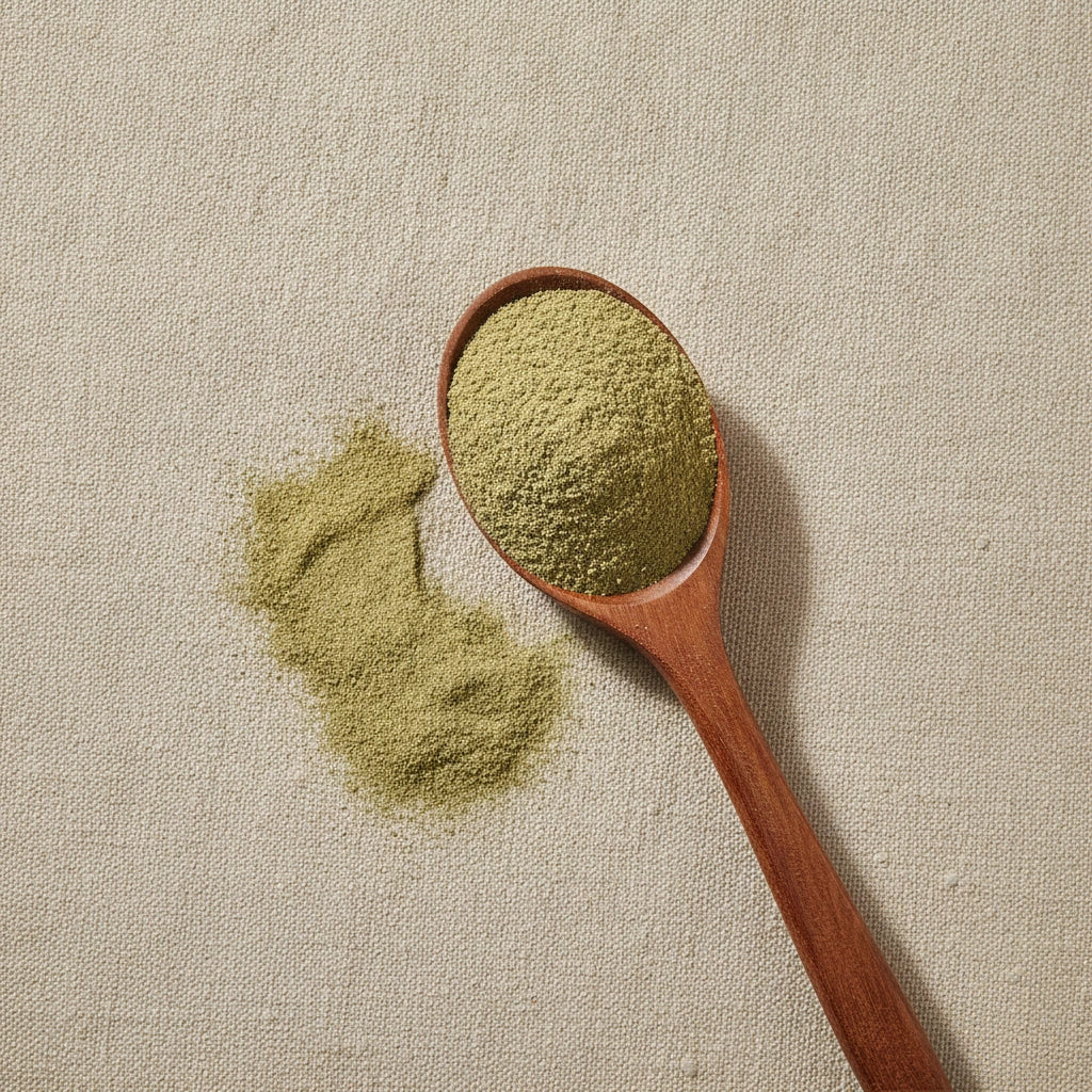 Aloe Powder (Aloe Ferox) | Create a luxurious, photorealistic product photograph featuring the original product naturally arranged in an elegant handcrafted wooden spoon on a soft, finely