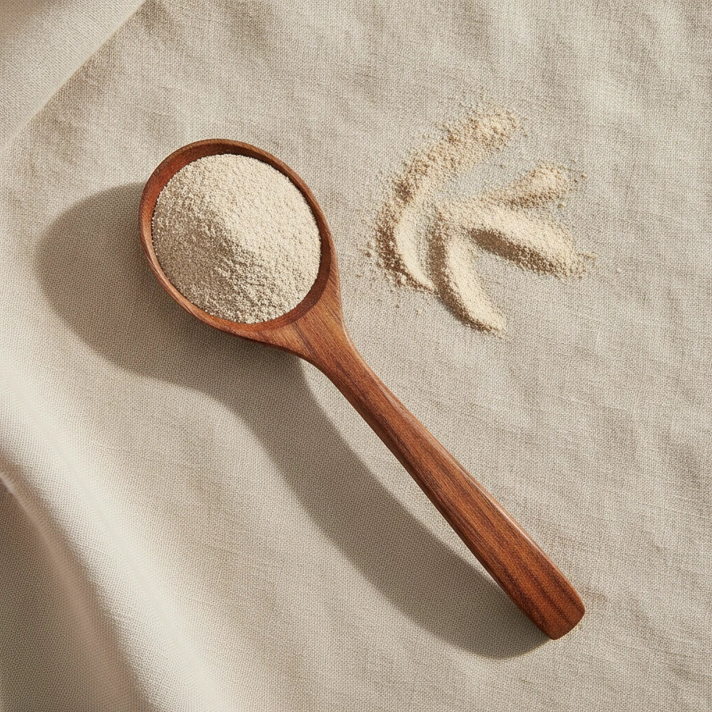 Aloe Vera Powder (Aloe Vera) | Create a luxurious, photorealistic product photograph featuring the original product naturally arranged in an elegant handcrafted wooden spoon on a soft, finely