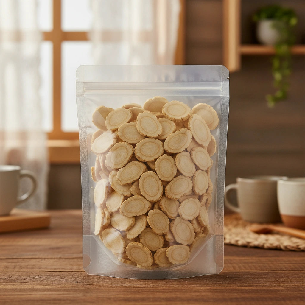 American Ginseng Root Slice (Panax Quinquefolius) | The herb/berry/powder/fruit/root/bark that is in the black bowl, i would like it to shown in a plastic stand up resalable pouch that is clear.