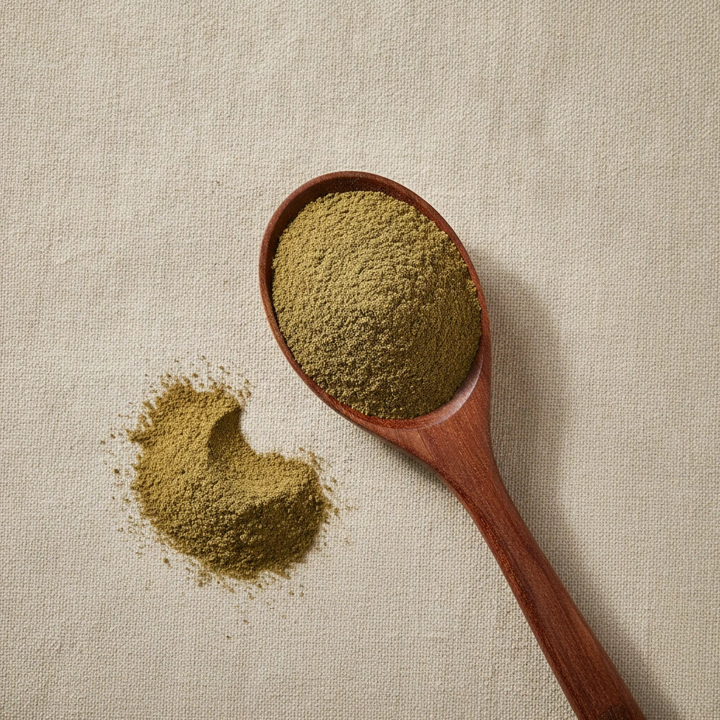 Amla Berry Powder (Phyllanthus Emblica) | Create a luxurious, photorealistic product photograph featuring the original product naturally arranged in an elegant handcrafted wooden spoon on a soft, finely