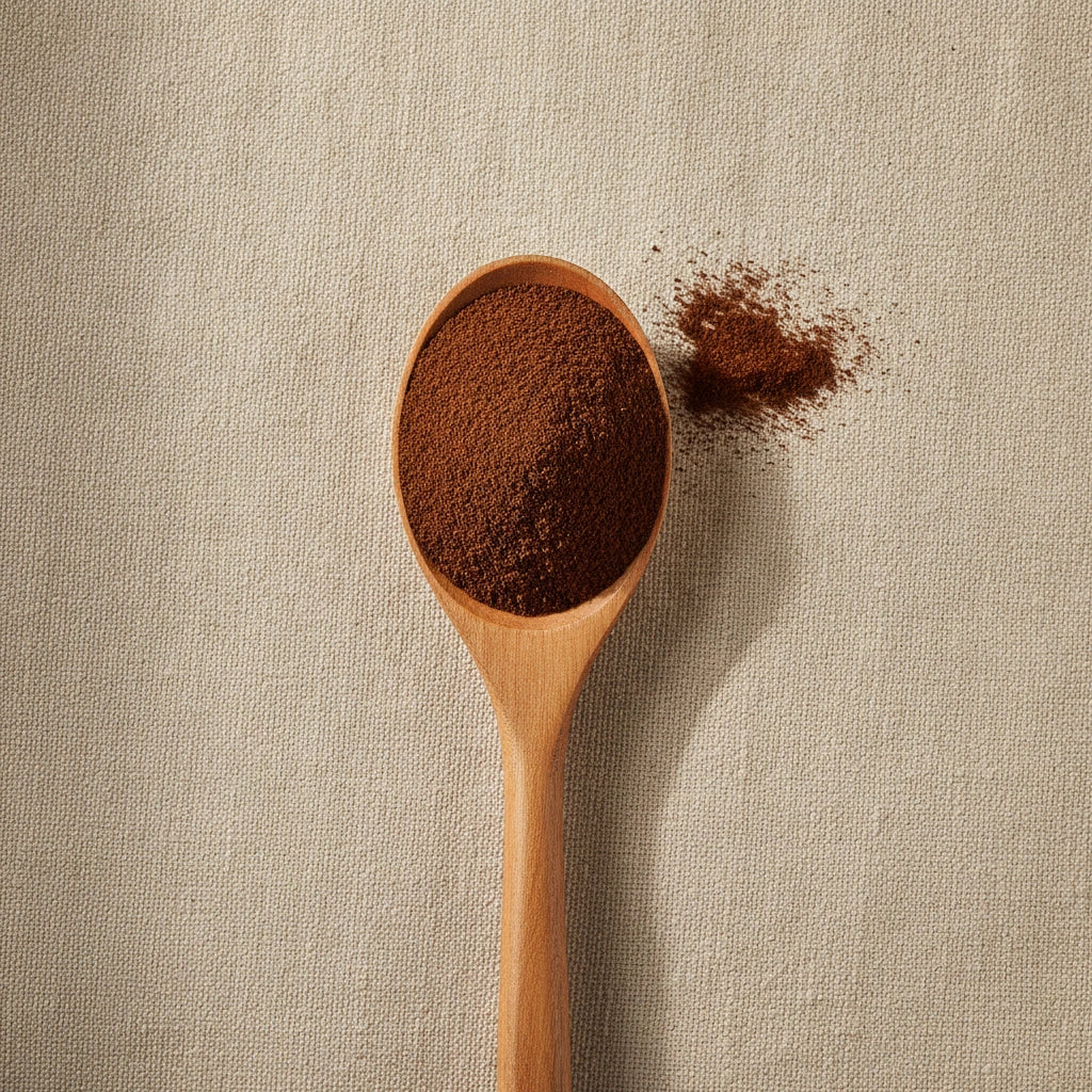 Ancho Chili Powder (Capsicum Annuum) | Create a luxurious, photorealistic product photograph featuring the original product naturally arranged in an elegant handcrafted wooden spoon on a soft, finely