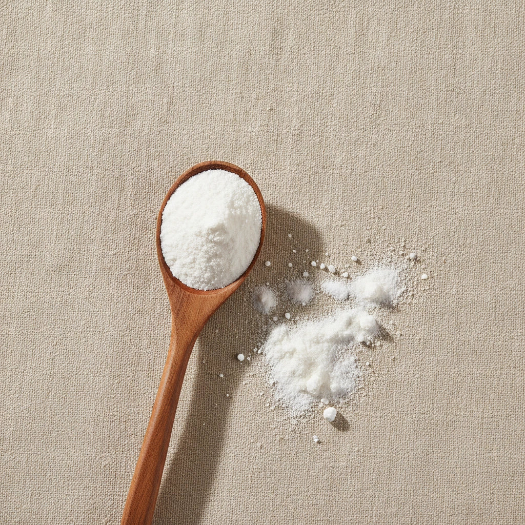 Apple Cider Vinegar Powder (Malus Domestica) | Create a luxurious, photorealistic product photograph featuring the original product naturally arranged in an elegant handcrafted wooden spoon on a soft, finely