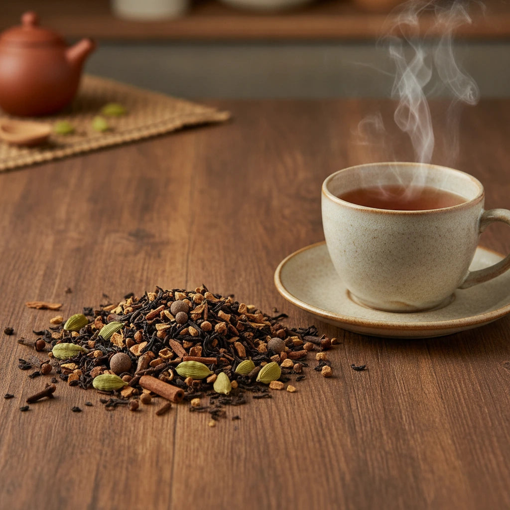 Apple Cinnamon Herbal Tea (Aspalathus Linearis) | Can you show this tea outside of the bag and bowl, on a table next to a hot tea cup in a rustic home.