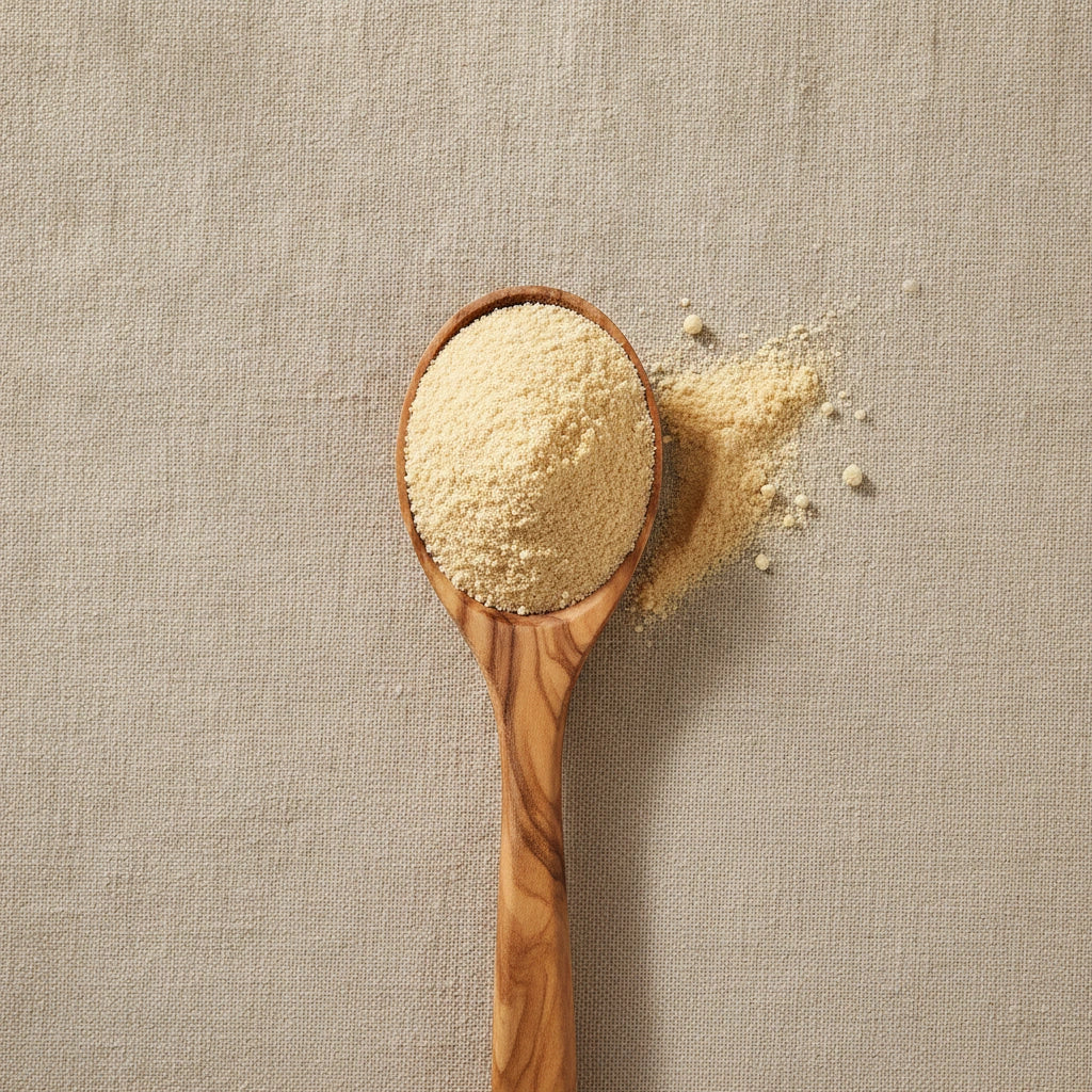 Apple Fruit Powder (Malus Domestica) | Create a luxurious, photorealistic product photograph featuring the original product naturally arranged in an elegant handcrafted wooden spoon on a soft, finely