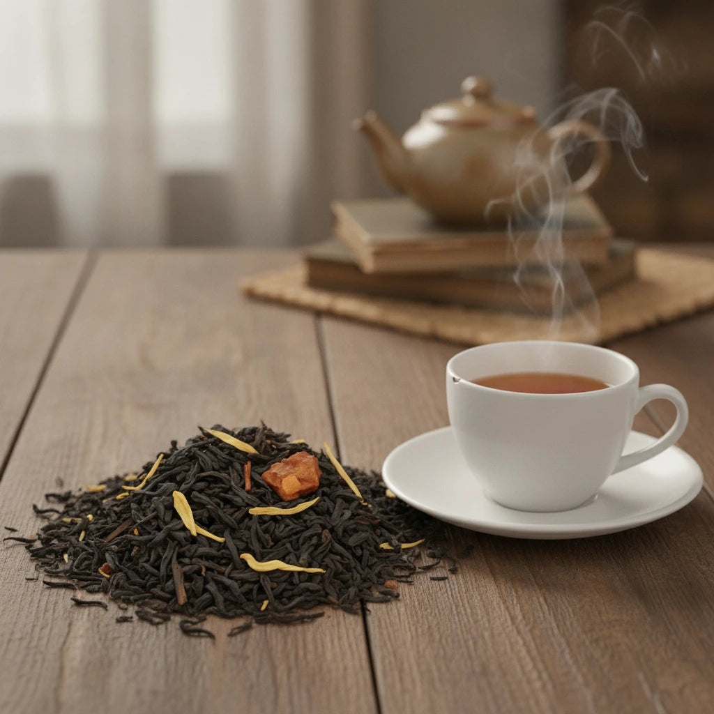 Apricot Fruit Black Tea Blend (Camellia Sinensis) | Can you show this tea outside of the bag and bowl, on a table next to a hot tea cup in a rustic home.