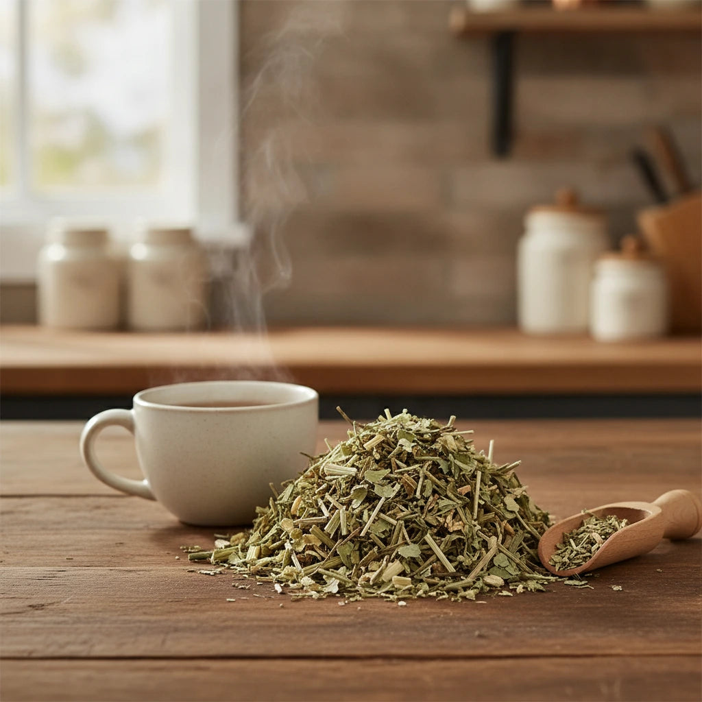 Arthritis Herbal Tea | Can you show this tea outside of the bag and bowl, on a table next to a hot tea cup in a rustic home.