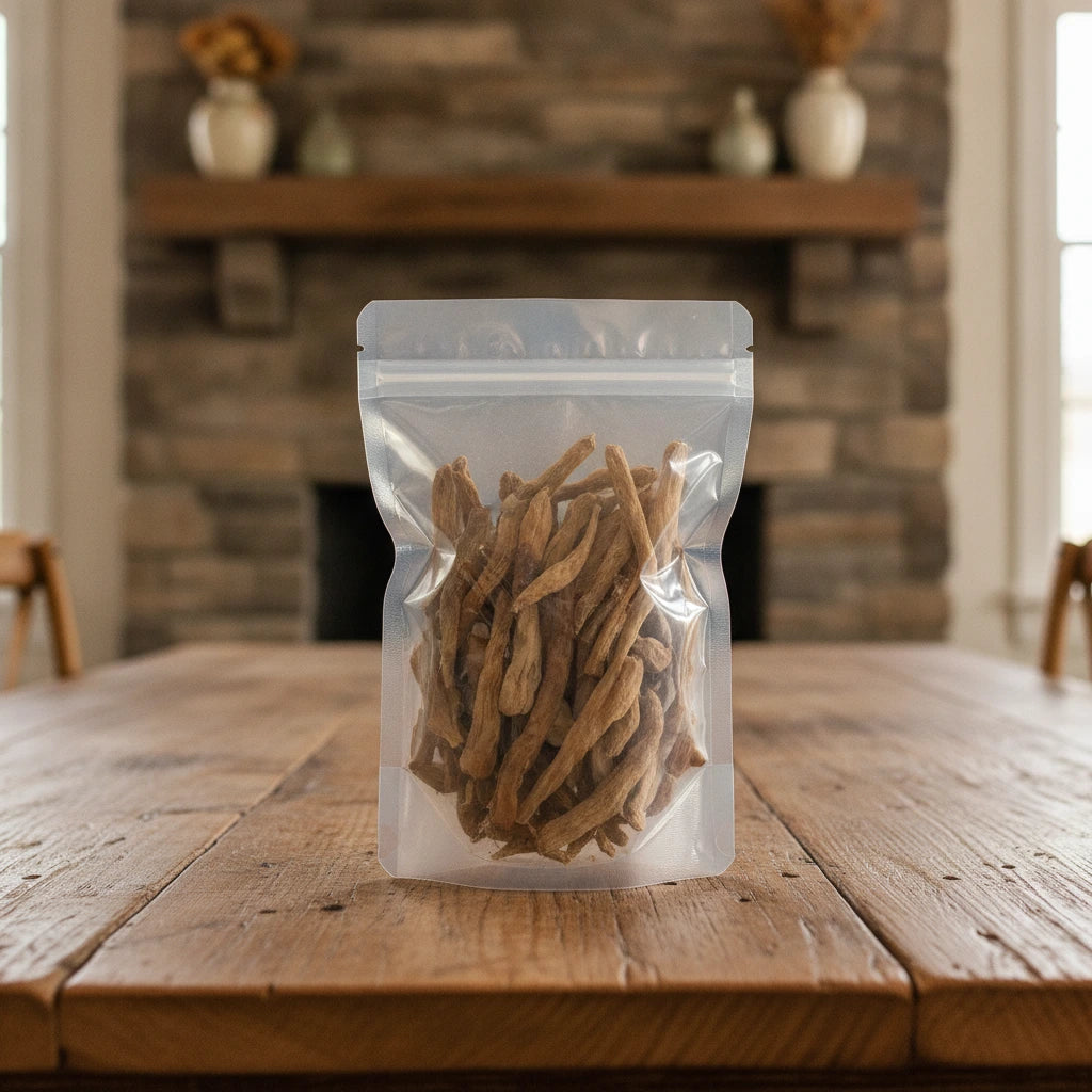 Asparagus Tuber Whole (Asparagus Cochinchinensis) | The herb/berry/powder/fruit/root/bark that is in the black bowl, i would like it to shown in a plastic stand up resalable pouch that is clear.