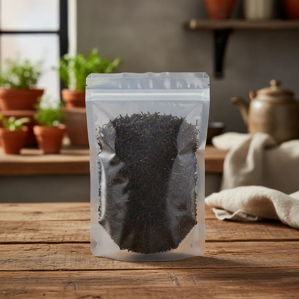 Assam Black Tea (Kondoli) (Camellia Sinensis) | The herb/powder/tea that is in the black bowl, i would like it to shown in a plastic stand up resalable bag that is clear.