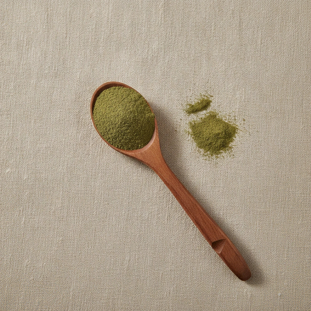 Atlantic Irish Moss Powder (Chondrus Crispus) | Create a luxurious, photorealistic product photograph featuring the original product naturally arranged in an elegant handcrafted wooden spoon on a soft, finely