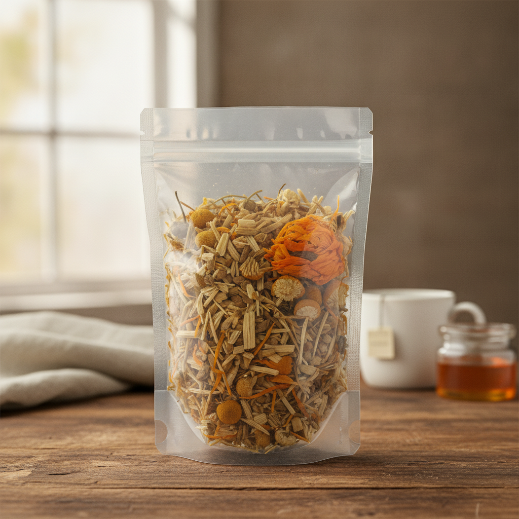 Avena Dream Herbal Tea (Matricaria Recutita) | The herb that is in the black bowl, i would like it to shown in a plastic stand up resalable bag that is clear.