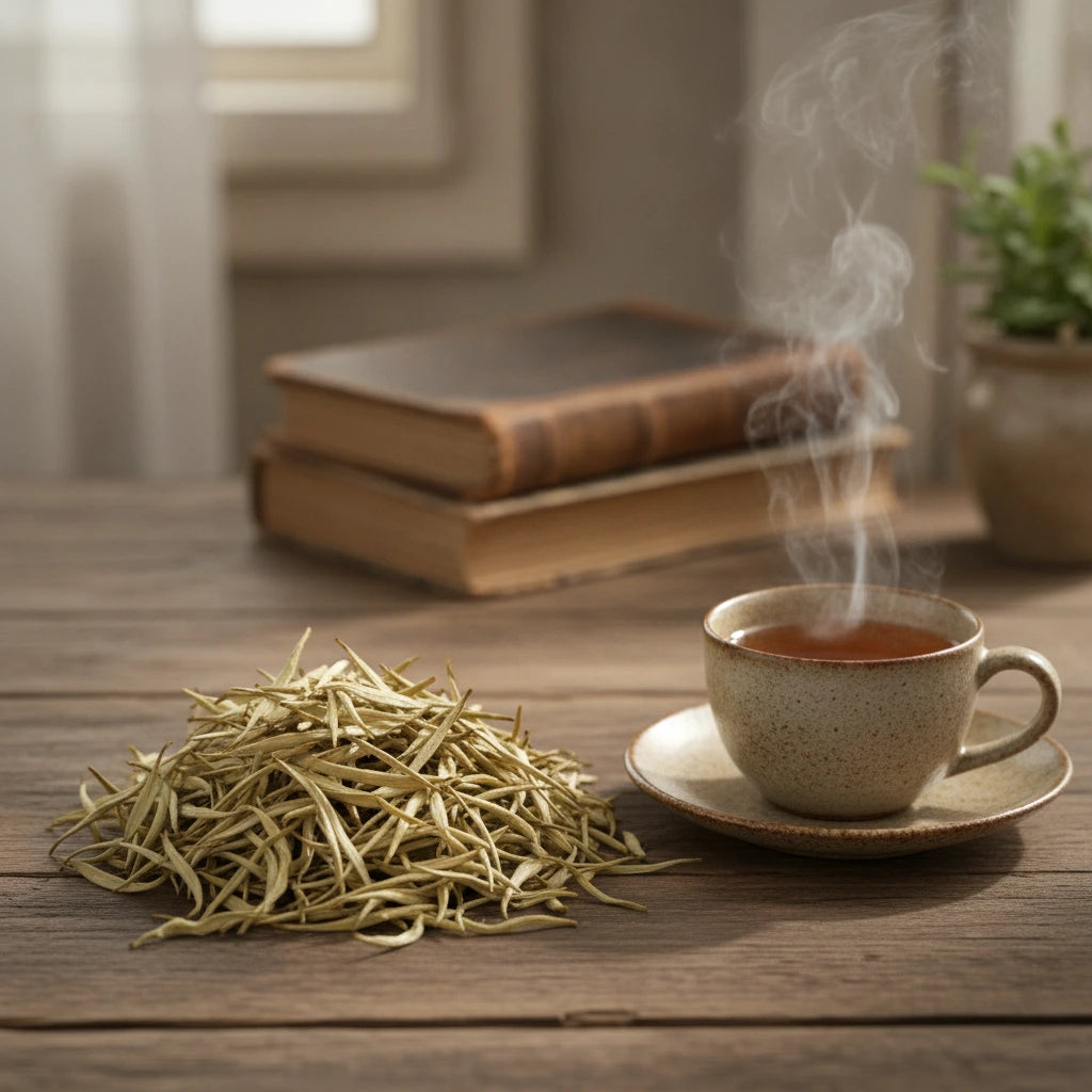 Bai Mu Dan White Tea (Camellia Sinensis) | Can you show this tea outside of the bag and bowl, on a table next to a hot tea cup in a rustic home.
