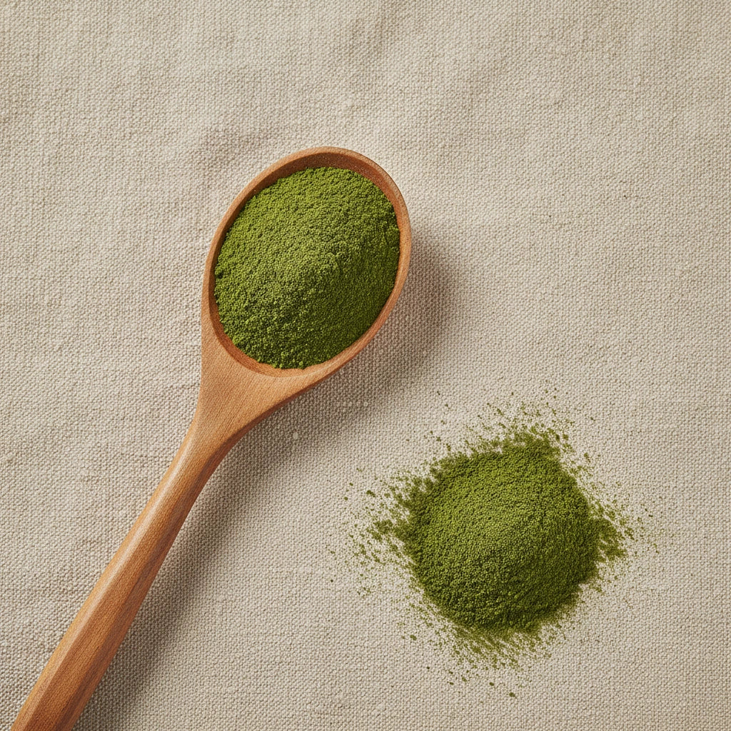 Barbed Skullcap Herb Powder (Scutellaria Barbata) | Create a luxurious, photorealistic product photograph featuring the original product naturally arranged in an elegant handcrafted wooden spoon on a soft, finely