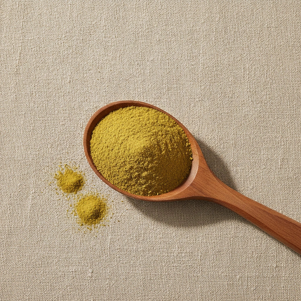 Barberry Root Bark Powder (Berberis Vulgaris) | Create a luxurious, photorealistic product photograph featuring the original product naturally arranged in an elegant handcrafted wooden spoon on a soft, finely