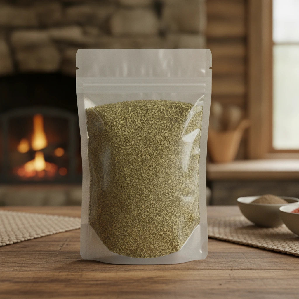 Basil Herb Cut (Ocimum Basilicum) | The herb/berry/powder/fruit/root/bark that is in the black bowl, i would like it to shown in a plastic stand up resalable pouch that is clear.