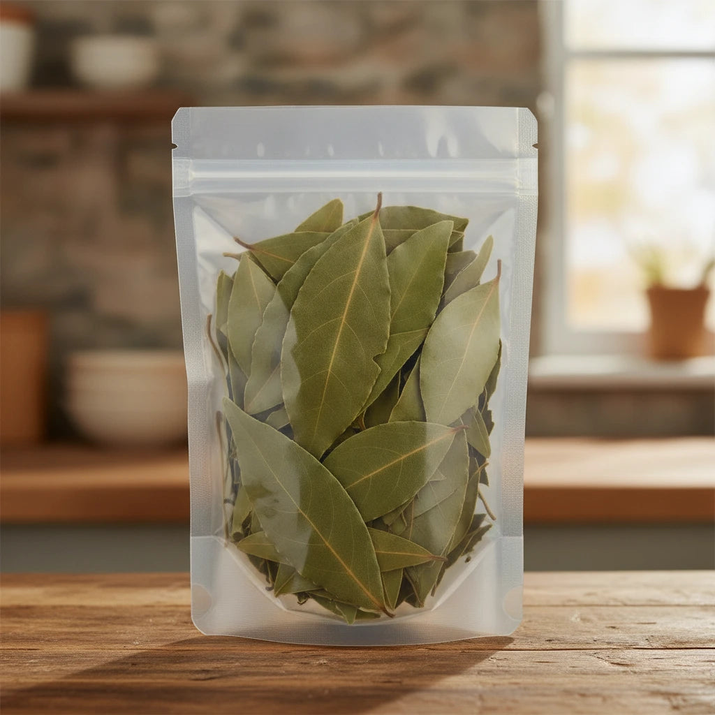 Bay Leaves Whole (Laurus Nobilis) | The herb/berry/powder/fruit/root/bark that is in the black bowl, i would like it to shown in a plastic stand up resalable pouch that is clear.