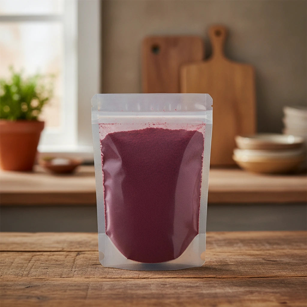 Beet Root Juice Powder (Beta Vulgaris) | The herb/berry/powder/fruit/root/bark that is in the black bowl, i would like it to shown in a plastic stand up resalable pouch that is clear.