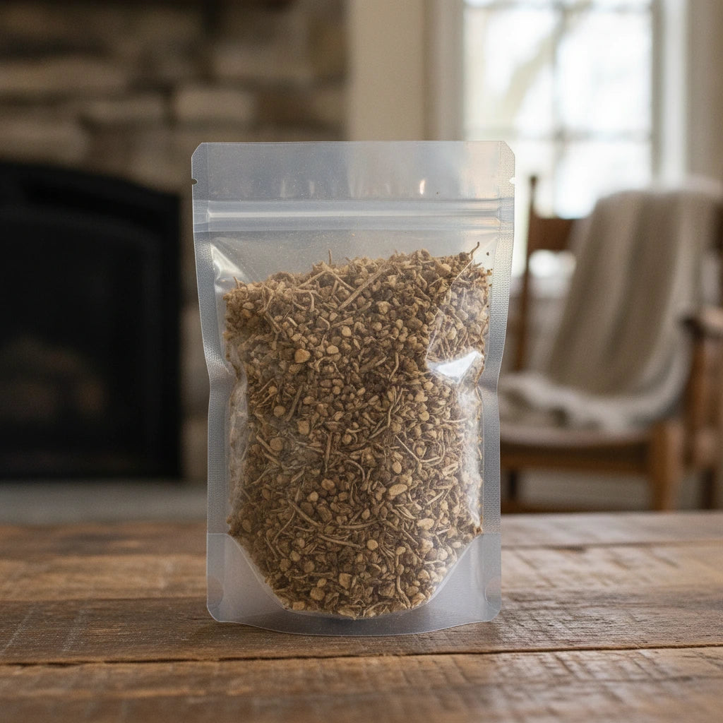 Beth Root Cut (Trillium Pendulum) | The herb/berry/powder/fruit/root/bark that is in the black bowl, i would like it to shown in a plastic stand up resalable pouch that is clear.