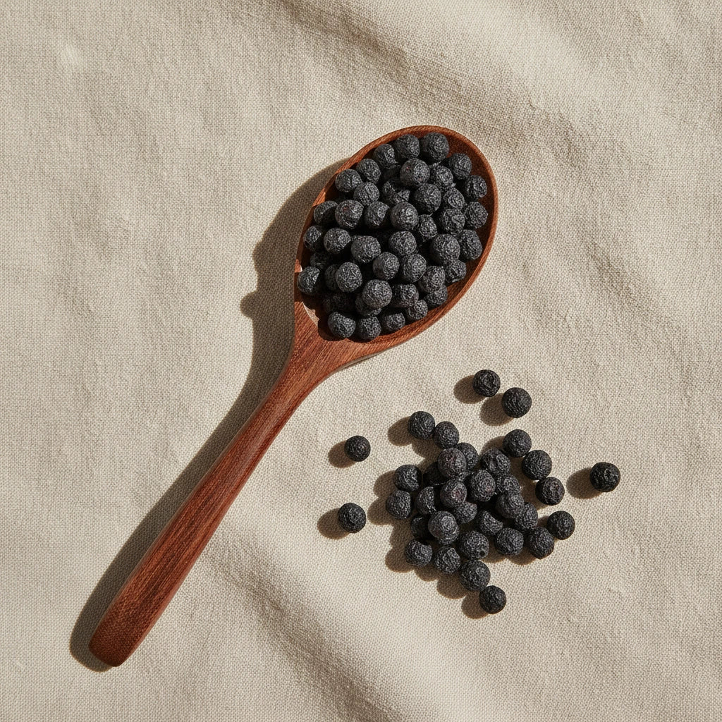 Bilberry Fruit Whole (Vaccinium Myrtillus) | Create a luxurious, photorealistic product photograph featuring the original product naturally arranged in an elegant handcrafted wooden spoon on a soft, finely