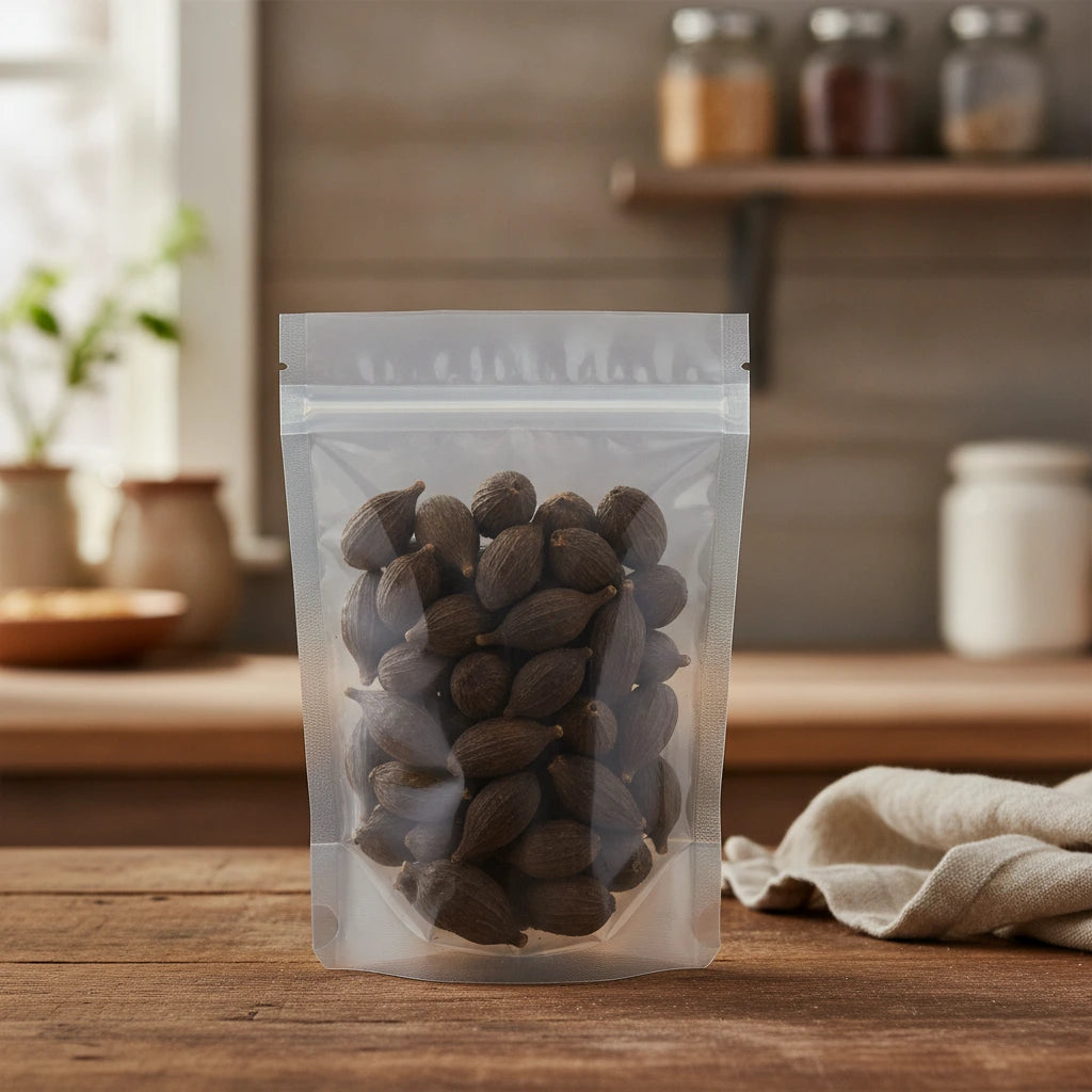 Black Cardamom Whole (Amomum Tsaoko) | The herb/berry/powder/fruit/root/bark that is in the black bowl, i would like it to shown in a plastic stand up resalable pouch that is clear.