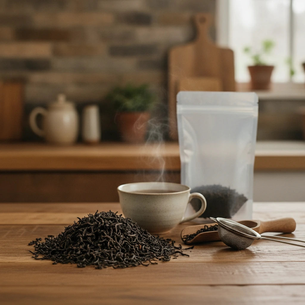 Black Currant Tea (Camellia Sinensis) | Can you show this tea outside of the bag and bowl, on a table next to a hot tea cup in a rustic home.