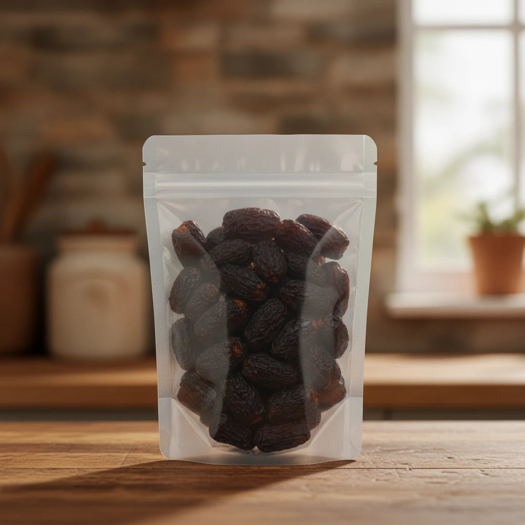Black Dates Whole (Smoked) (Ziziphus Jujuba) | The herb/berry/powder/fruit/root/bark that is in the black bowl, i would like it to shown in a plastic stand up resalable pouch that is clear.