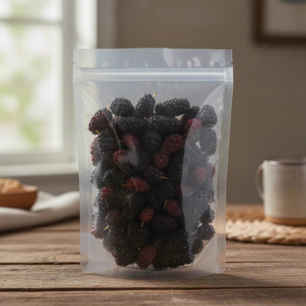 Black Mulberries Whole (Morus Nigra) | The herb/berry/powder/fruit that is in the black bowl, i would like it to shown in a plastic stand up resalable bag that is clear.