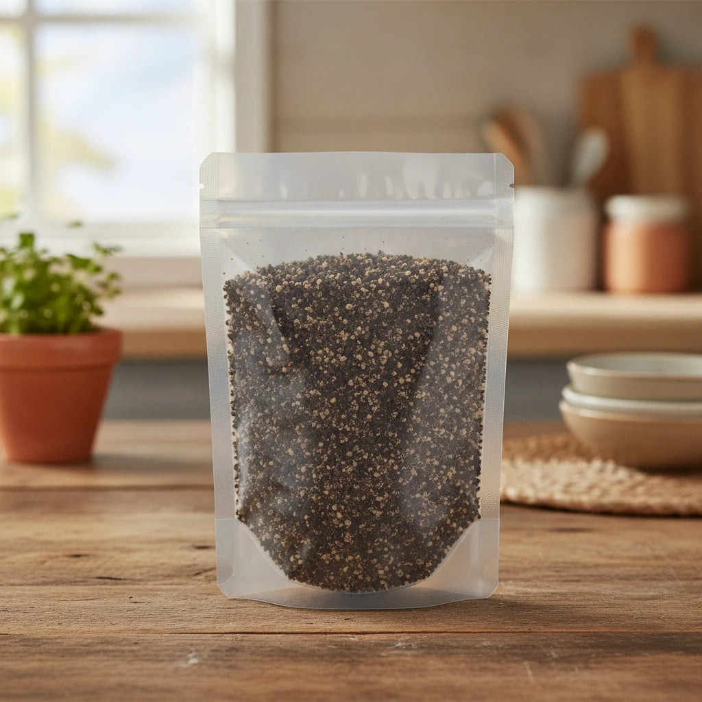 Black Peppercorn Cracked (Piper Nigrum) | The herb/berry/powder/fruit/root/bark that is in the black bowl, i would like it to shown in a plastic stand up resalable pouch that is clear.