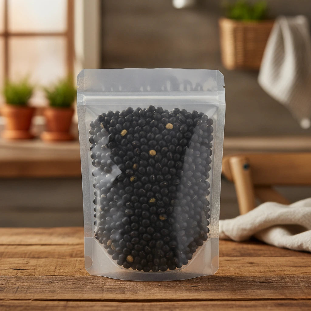Black Soybeans with Green Kernel Whole (Glycine Max) | The herb/berry/powder/fruit/root/bark that is in the black bowl, i would like it to shown in a plastic stand up resalable pouch that is clear.
