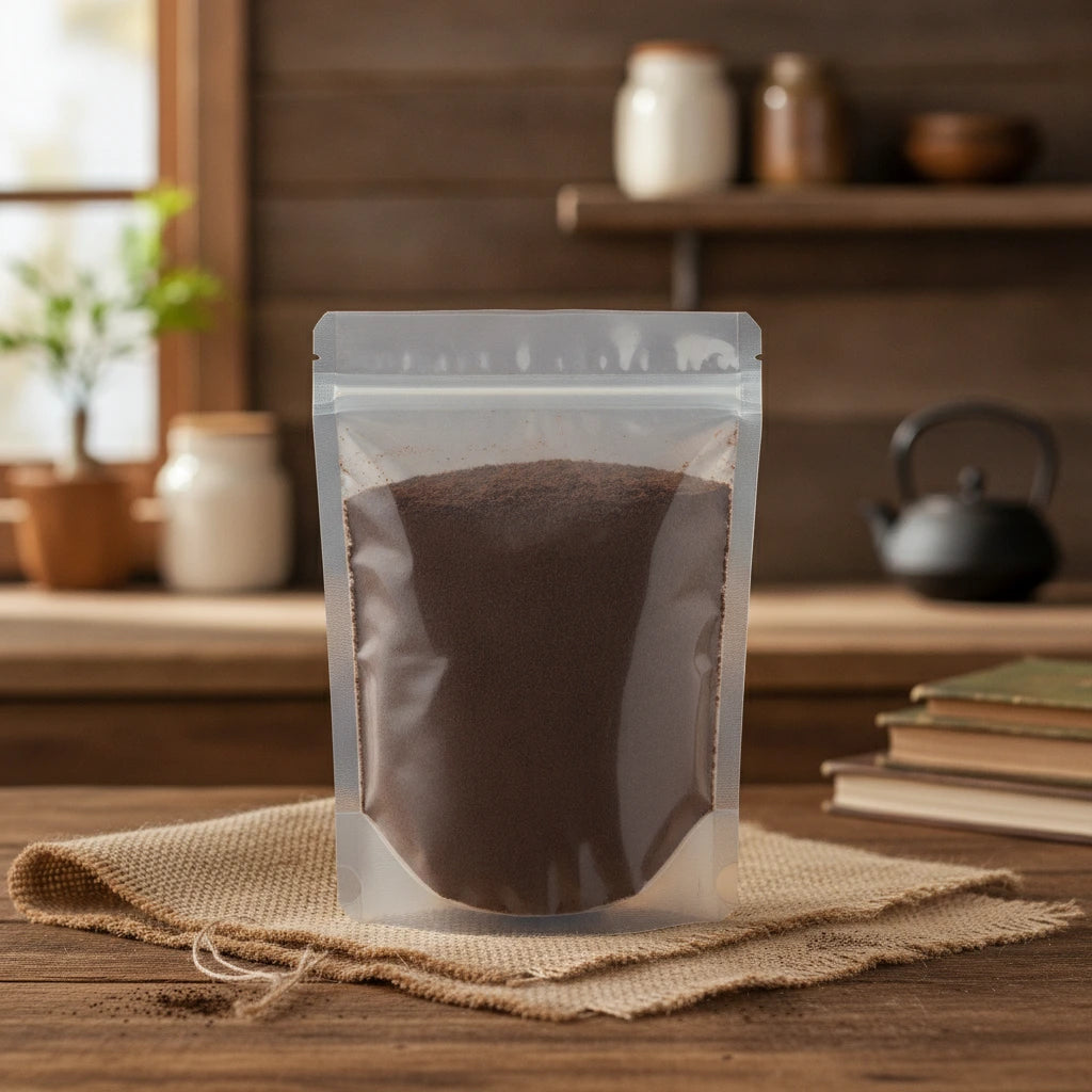 Black Tea Powder (Camellia Sinensis) | The herb/berry/powder/fruit/root/bark that is in the black bowl, i would like it to shown in a plastic stand up resalable pouch that is clear.