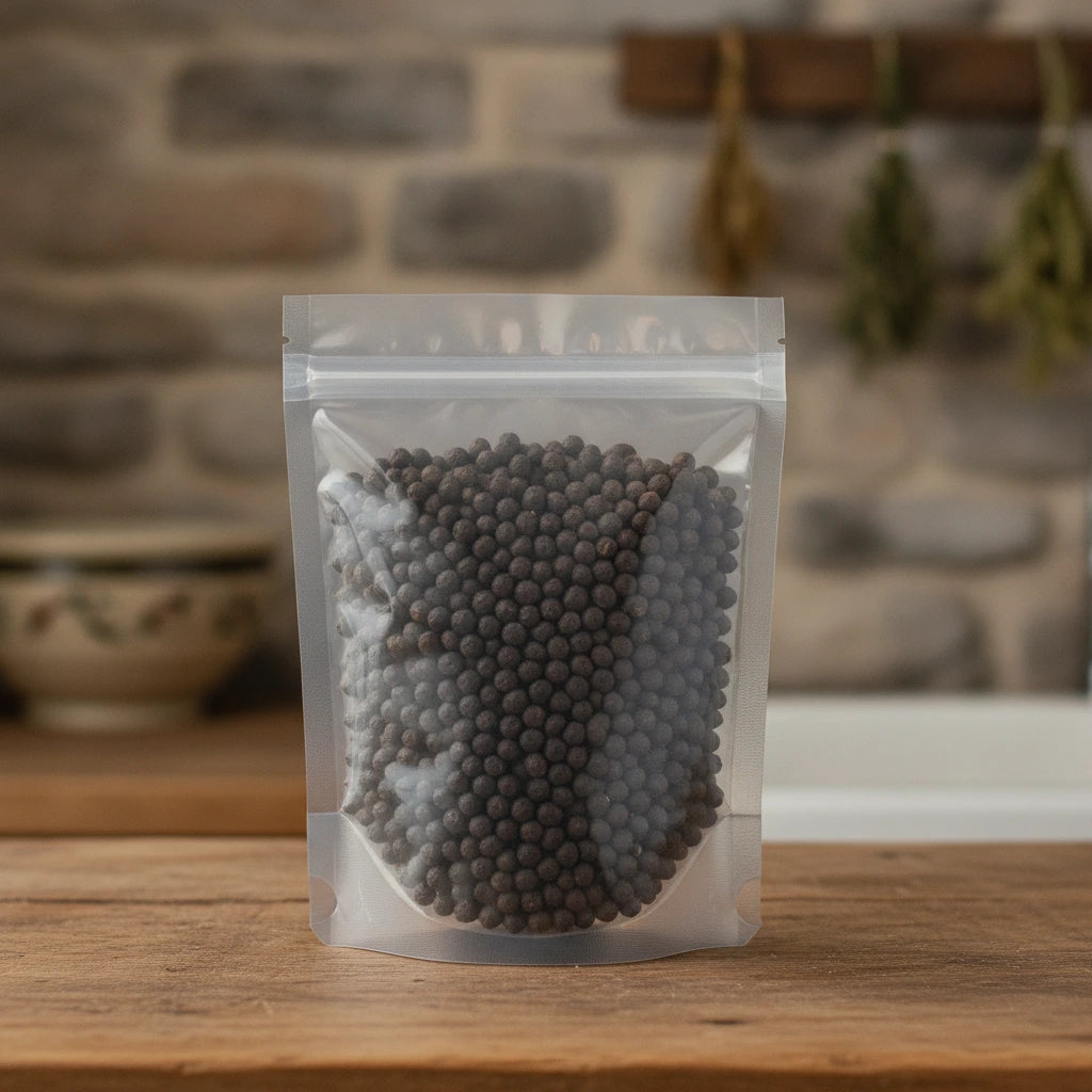 Black Tellicherry Peppercorns Whole (Piper Nigrum) | The herb/berry/powder/fruit/root/bark that is in the black bowl, i would like it to shown in a plastic stand up resalable pouch that is clear.