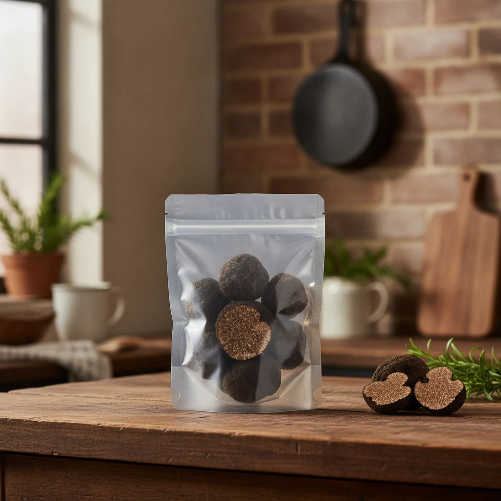 Black Truffle Pieces (Tuber Melanosporum) | The herb/berry/powder/fruit/root/bark that is in the black bowl, i would like it to shown in a plastic stand up resalable pouch that is clear.