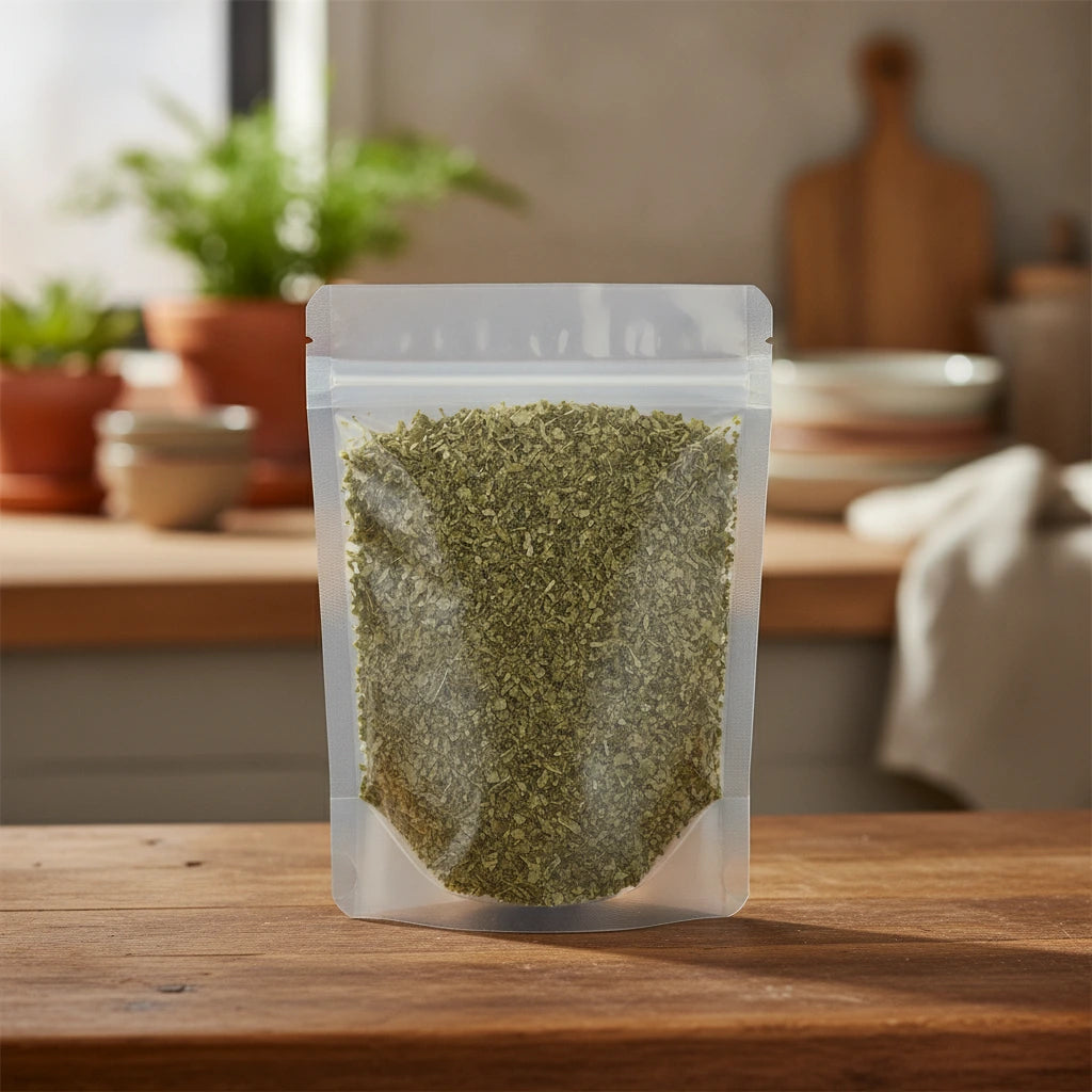 Blackberry Leaf Cut (Rubus Fruticosus) | The herb/berry/powder/fruit/root/bark that is in the black bowl, i would like it to shown in a plastic stand up resalable pouch that is clear.