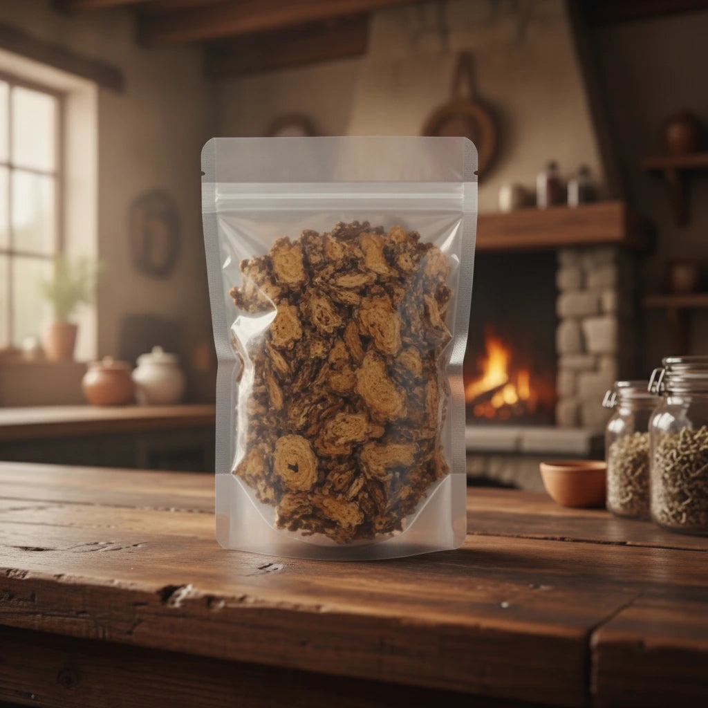 Blackberry Lily Rhizome Pieces (Iris Domestica) | The herb/berry/powder/fruit/root/bark that is in the black bowl, i would like it to shown in a plastic stand up resalable pouch that is clear.