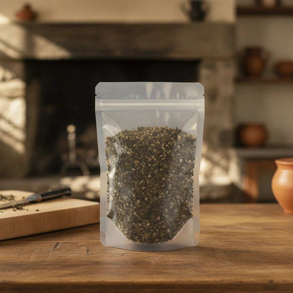 Bladderwrack Cut (Fucus vesiculosus) | The herb/berry/powder/fruit/root/bark that is in the black bowl, i would like it to shown in a plastic stand up resalable pouch that is clear.