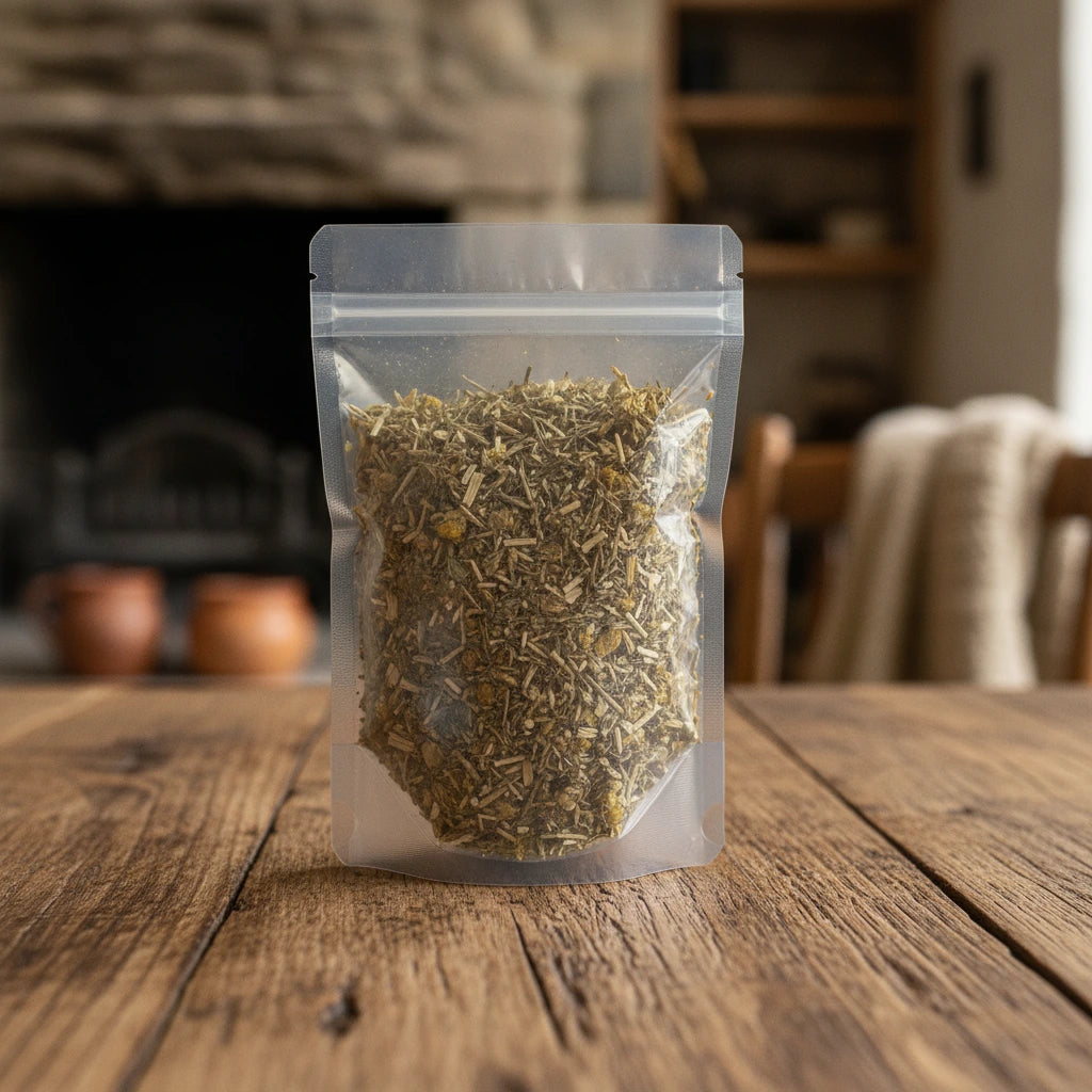 Blessed Thistle Herb Cut (Cnisus Benedictus) | The herb/berry/powder/fruit/root/bark that is in the black bowl, i would like it to shown in a plastic stand up resalable pouch that is clear.