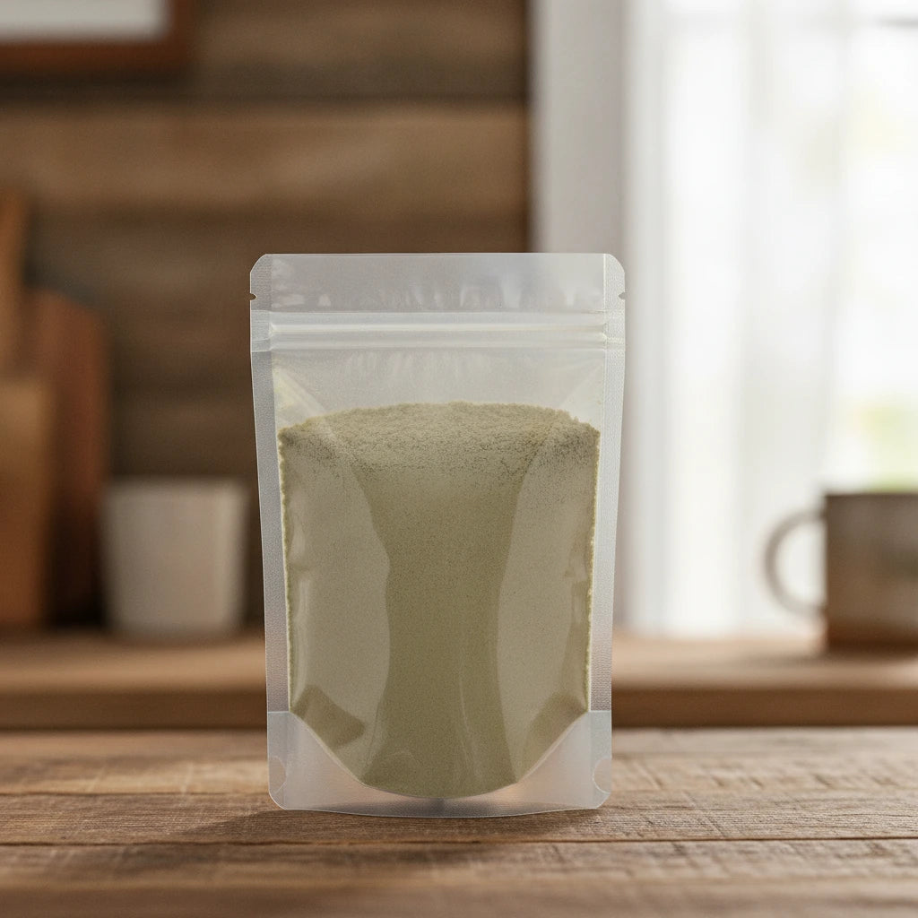 Blessed Thistle Herb Powder (Cnicus Benedictus) | The herb/berry/powder/fruit/root/bark that is in the black bowl, i would like it to shown in a plastic stand up resalable pouch that is clear.