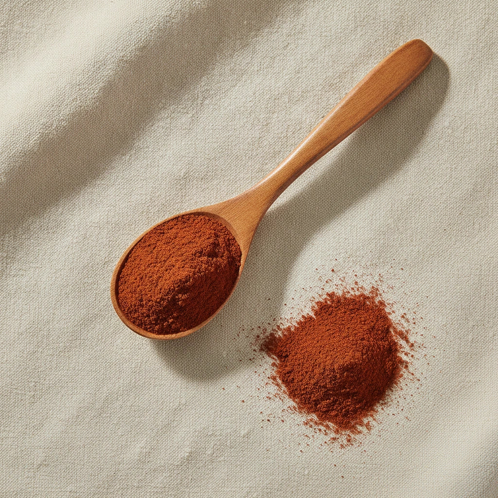 Bloodroot Powder (Sanguinaria Canadensis) | Create a luxurious, photorealistic product photograph featuring the original product naturally arranged in an elegant handcrafted wooden spoon on a soft, finely