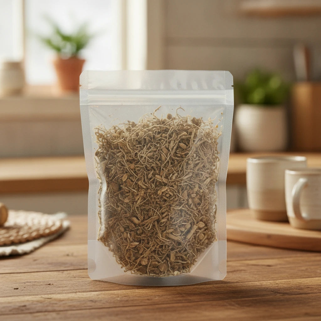 Blue Cohosh Root Cut (Caulophyllum Thalictroides) | The herb/berry/powder/fruit/root/bark that is in the black bowl, i would like it to shown in a plastic stand up resalable pouch that is clear.