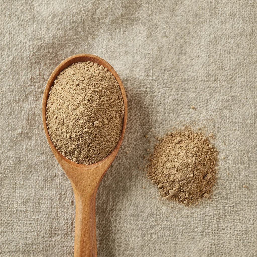 Blue Vervain Powder (Verbena Hastata) | Create a luxurious, photorealistic product photograph featuring the original product naturally arranged in an elegant handcrafted wooden spoon on a soft, finely