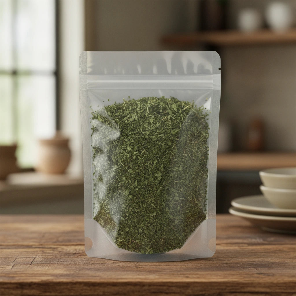 Blue Violet Leaf Cut (Viola Odorate) | The herb/berry/powder/fruit/root/bark that is in the black bowl, i would like it to shown in a plastic stand up resalable pouch that is clear.
