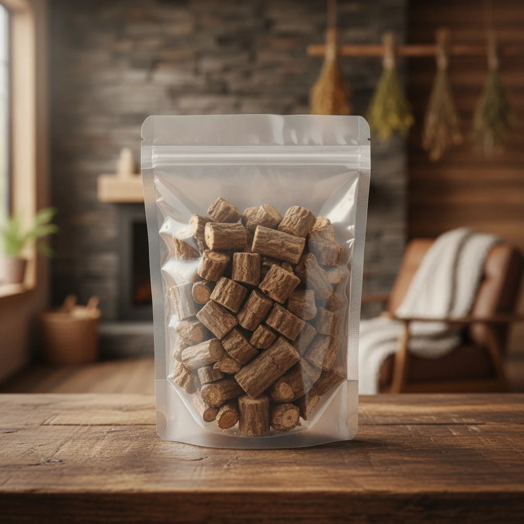 Brazilian Guaco Root Cut (Mikania Glomerata) | The herb/berry/powder/fruit/root/bark that is in the black bowl, i would like it to shown in a plastic stand up resalable pouch that is clear.