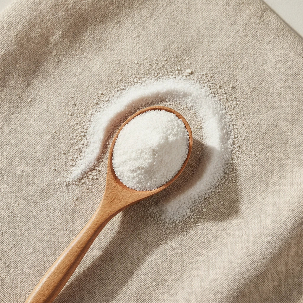 Bromelain Powder 100 gdu (Ananas Comosus) | Create a luxurious, photorealistic product photograph featuring the original product naturally arranged in an elegant handcrafted wooden spoon on a soft, finely